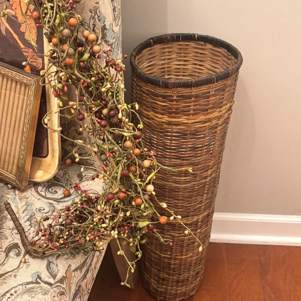 Umbrella Tall Woven Floor Basket Vase Rattan Bamboo Cylindrical Boho Cottage